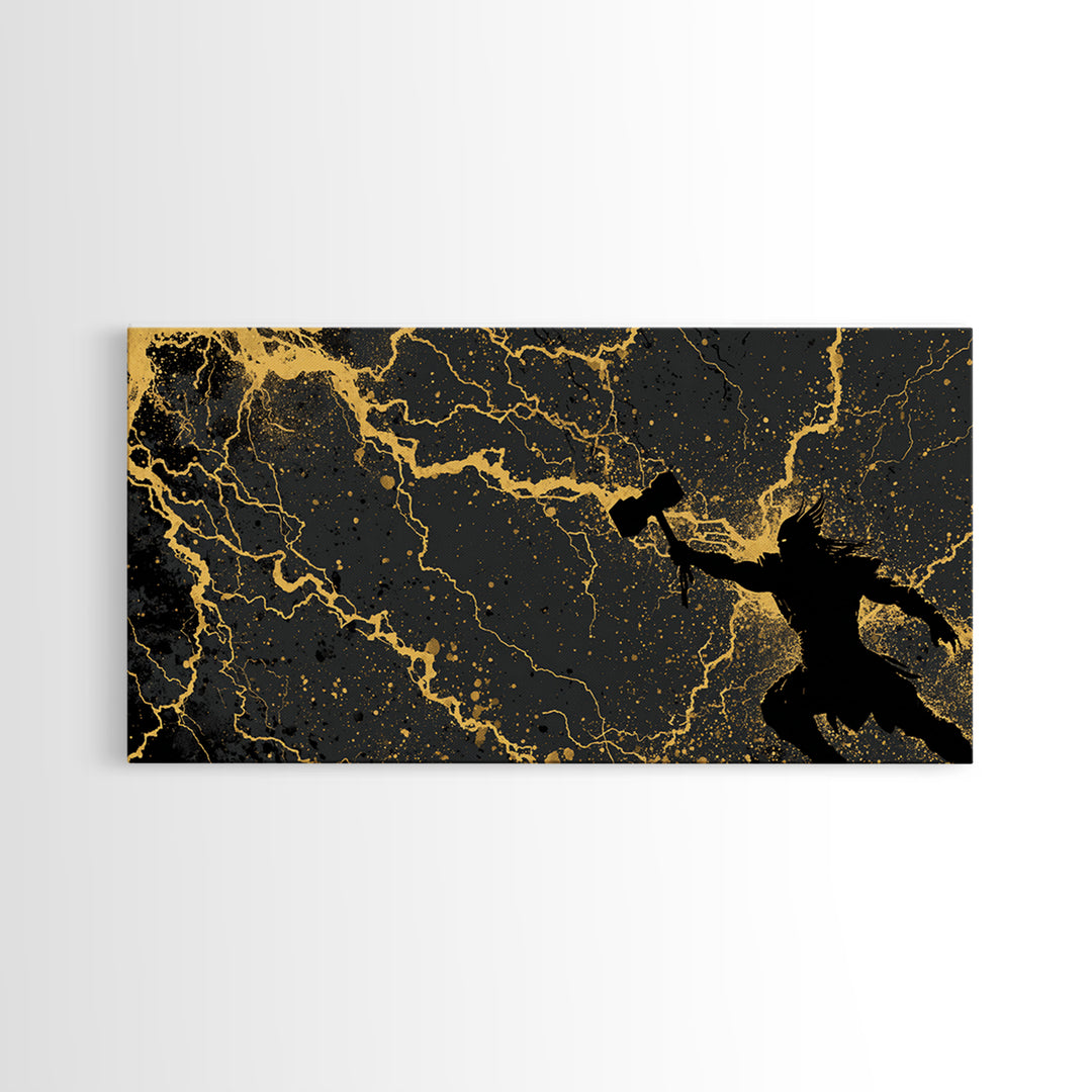 Thor God of Thunder Canvas Art, Canvas Gold Art with Lightning, Norse Mythology Wall Decor, Office Art for Men, framed in real wood