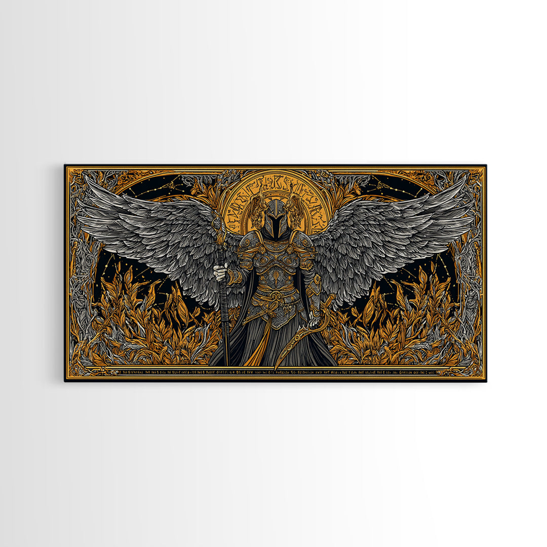 Winged Valkyrie Warrior Canvas Art, Canvas Gold Art Norse Decor, Nordic Mythology Office Art for Men, framed with real wood detail