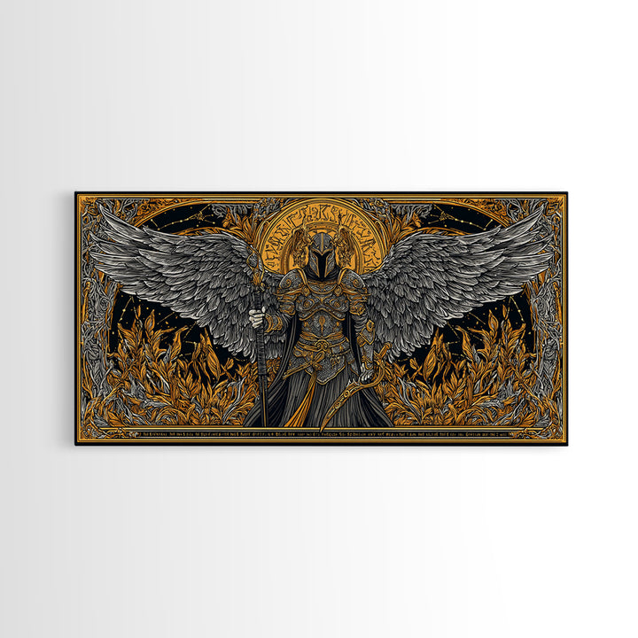 Winged Valkyrie Warrior Canvas Art, Canvas Gold Art Norse Decor, Nordic Mythology Office Art for Men, framed with real wood detail