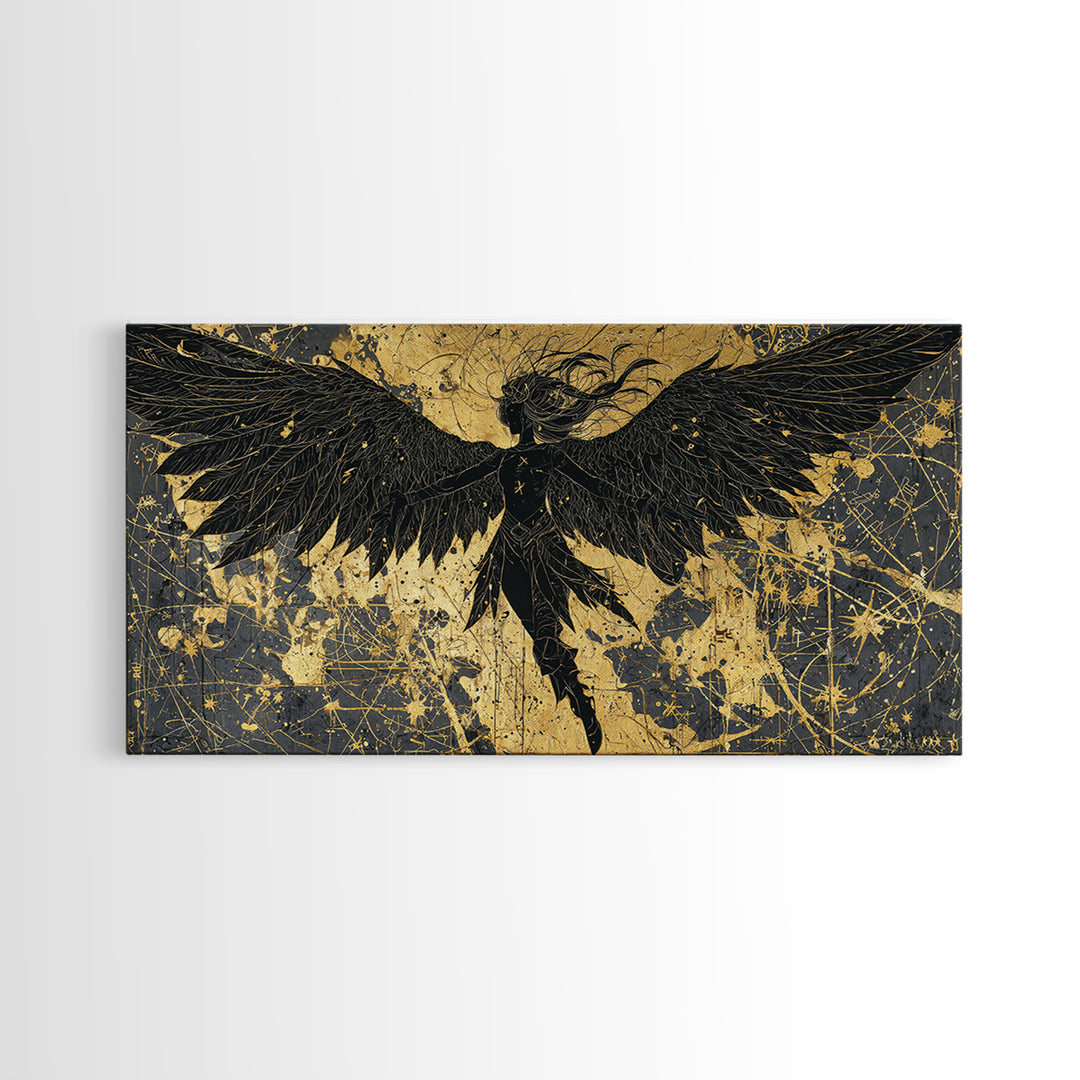 Valkyrie Canvas Gold Art Nordic Canvas Art with Real Wood Frame, Norse Mythology Warrior Wall Decor for Office or Man Cave