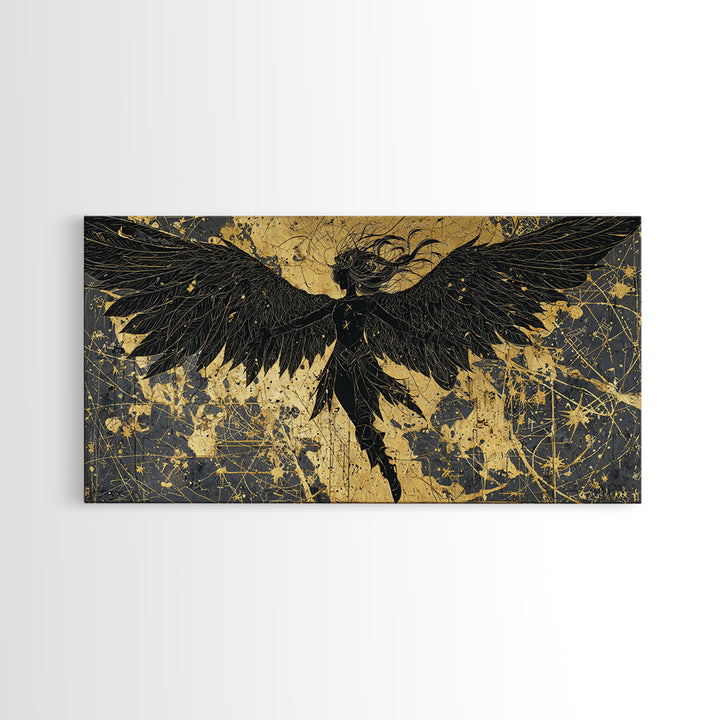 Valkyrie Canvas Gold Art Nordic Canvas Art with Real Wood Frame, Norse Mythology Warrior Wall Decor for Office or Man Cave