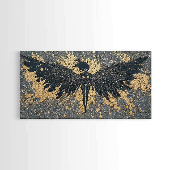 Canvas Art Valkyrie Angel Canvas Gold Art, Norse Mythology Wall Hanging framed in Natural Wood, Dad Gift or Office Decor