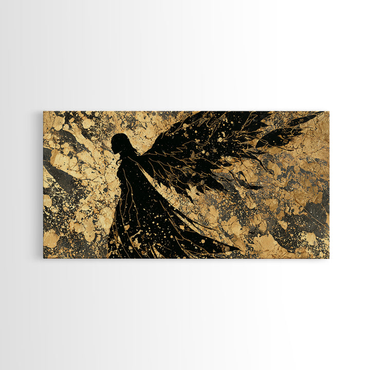 Valkyrie Canvas Gold Art, Norse Mythology Canvas Art Warrior Woman, Nordic Decor for Office or Man Cave, framed in natural wood