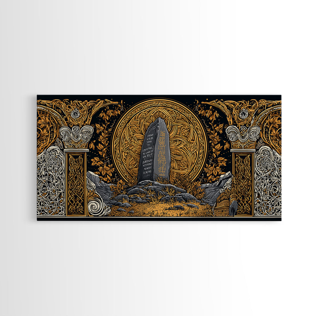 Viking Helmet Canvas Gold Art Canvas Art, Norse Warrior Helmet Decor framed in Natural Wood, Nordic Office or Dad Gift Wall Art