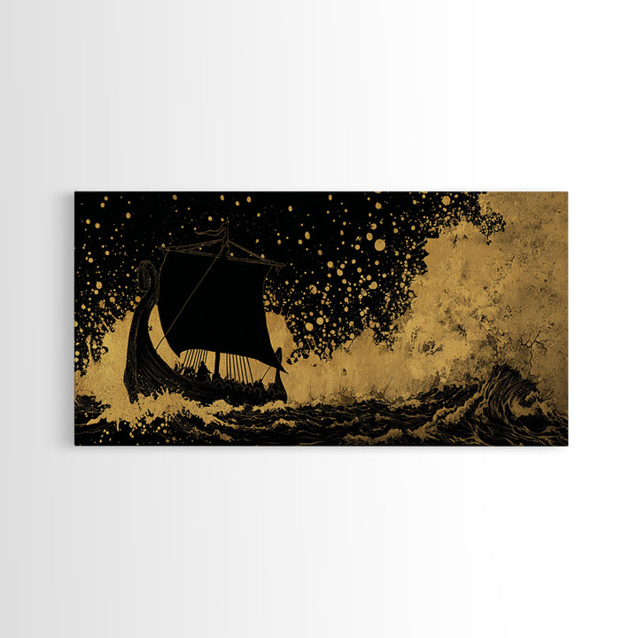 Canvas Art Viking Rune Stone Canvas Gold Art, Norse Mythology Wall Decor with Real Wood Frame, Man Cave Nordic Office Artwork