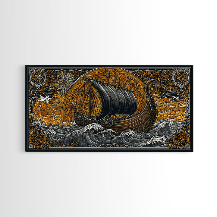 Viking Ship Canvas Gold Art Canvas Art, Norse Longboat Sailing Wall Decor with Real Wood Frame, Nordic Mythology Office Artwork