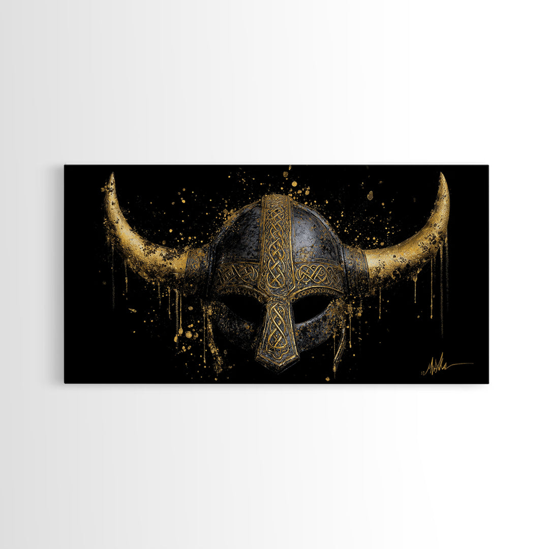 Nordic Valkyrie Canvas Gold Art Canvas Art, Norse Goddess Warrior Silhouette with Wings, Man Cave Wall Art in Real Wood Frame