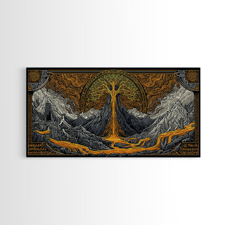 Yggdrasil Canvas Gold Art Canvas Art, Norse World Tree of Life Wall Decor framed in Natural Wood, Nordic Mythology Office Artwork