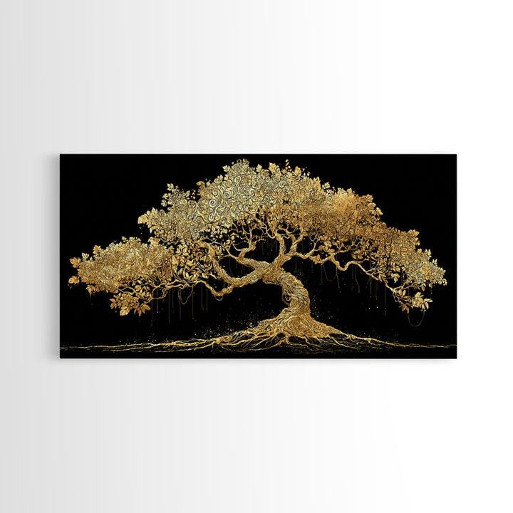 Canvas Art Yggdrasil Canvas Gold Art, Norse Tree of Life Wall Hanging with Real Wood Frame, Nordic Mythology Man Cave or Dad Gift