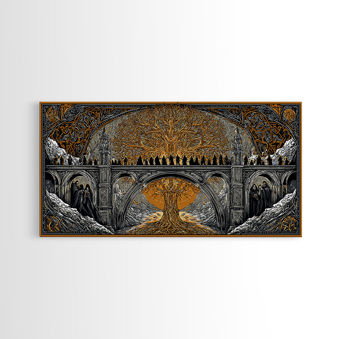 Yggdrasil Bridge Nordic Mythology Wall Decor | Canvas Gold Art Canvas Art | Norse Gods Fantasy Scene framed in real wood