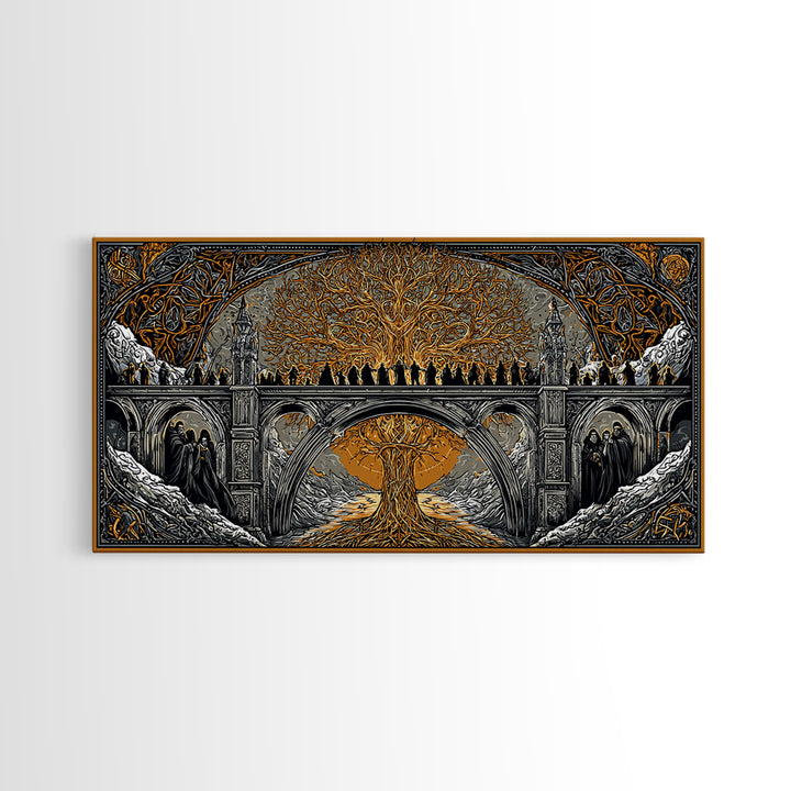 Yggdrasil Bridge Nordic Mythology Wall Decor | Canvas Gold Art Canvas Art | Norse Gods Fantasy Scene framed in real wood