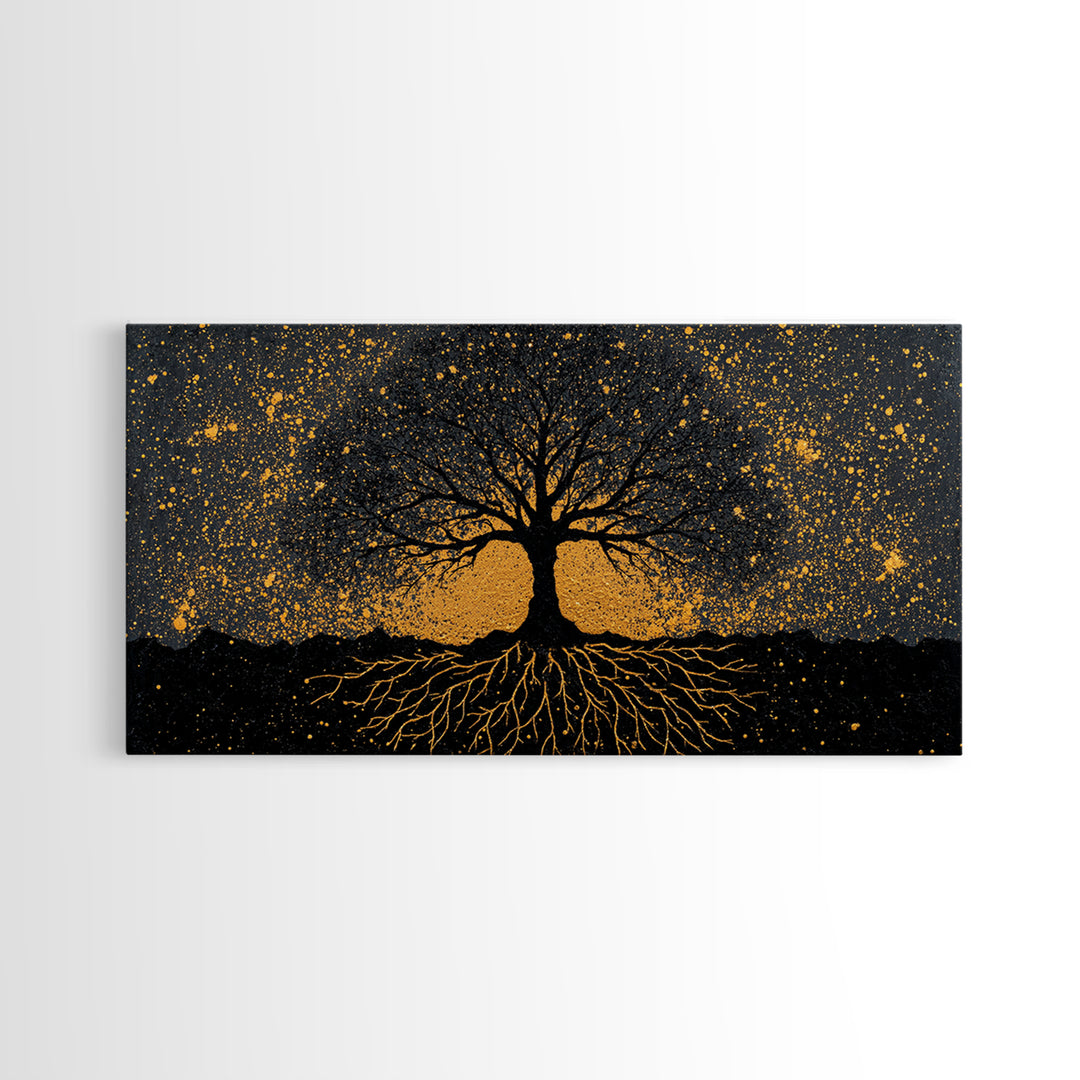 Viking Funeral Canvas Gold Art Canvas Art, Norse Longship Silhouette Wall Decor framed in Natural Wood, Nordic Mythology Artwork