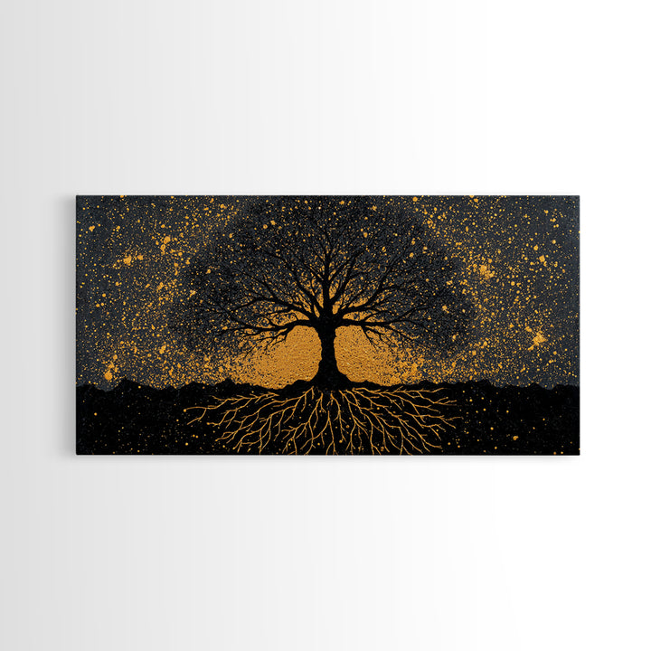 Viking Funeral Canvas Gold Art Canvas Art, Norse Longship Silhouette Wall Decor framed in Natural Wood, Nordic Mythology Artwork