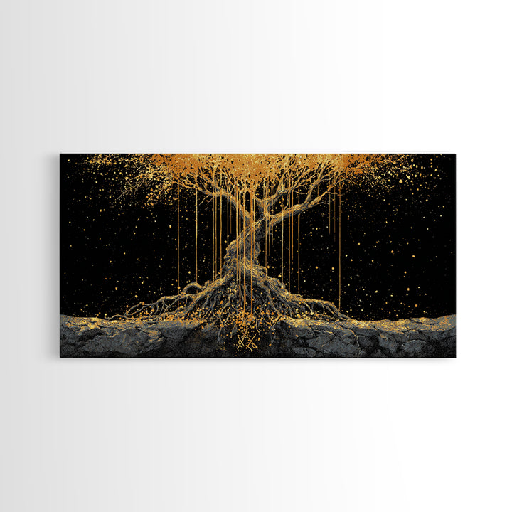 Norse Yggdrasil Tree of Life Canvas Gold Art Canvas Art | Nordic Mythology Office Wall Decor Man Cave Gift in natural wood frame