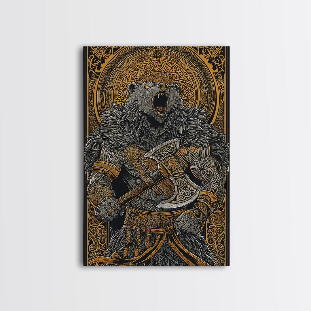Nordic Bear Warrior Canvas Gold Art Canvas Art | Viking Mythology Wall Decor for Office or Man Cave | Framed in Natural Wood