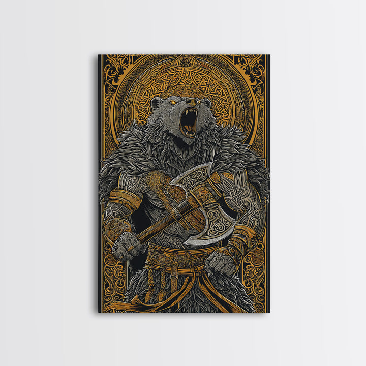 Nordic Bear Warrior Canvas Gold Art Canvas Art | Viking Mythology Wall Decor for Office or Man Cave | Framed in Natural Wood