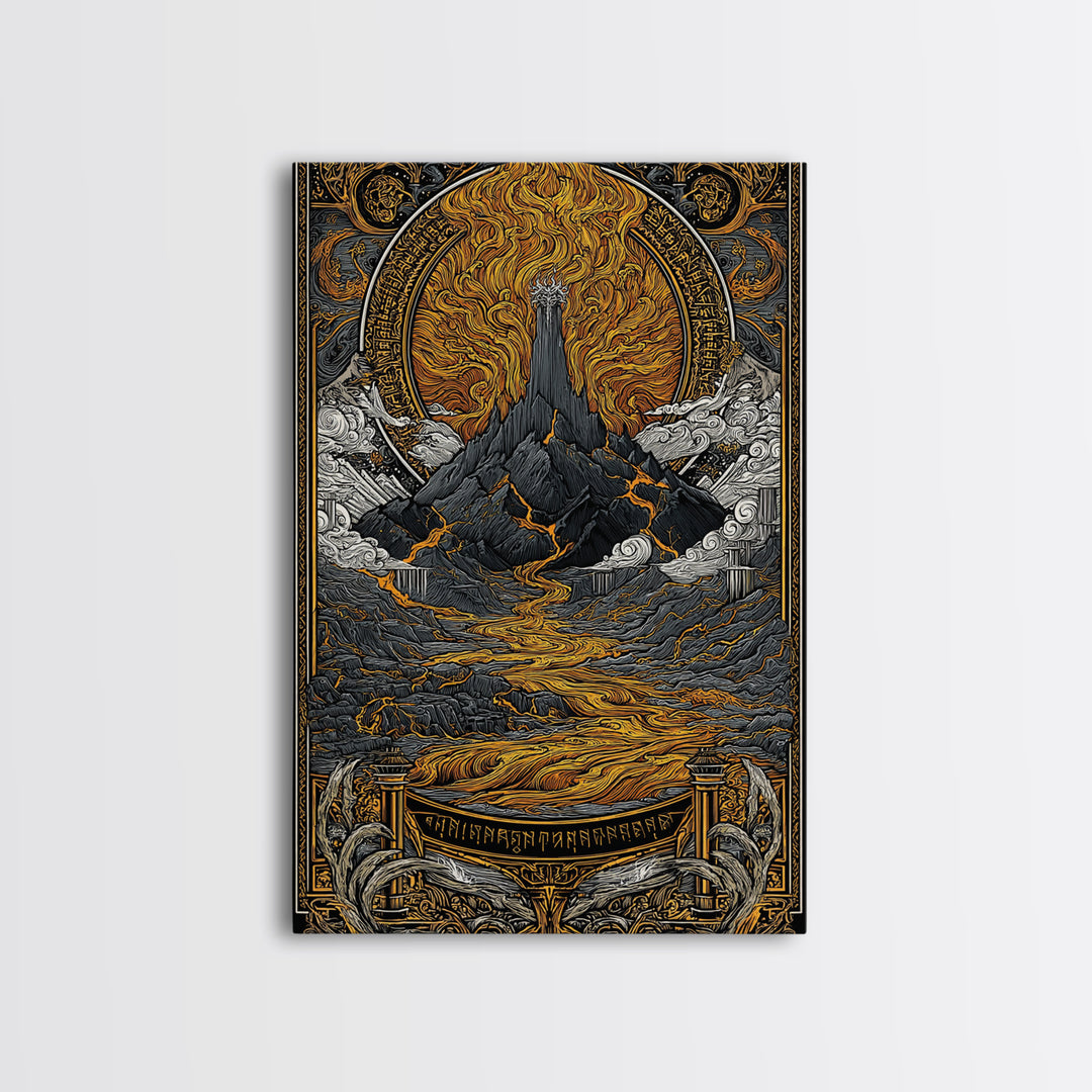 Muspelheim Fire Mountain Canvas Gold Art Canvas Art | Viking Mythology Lava Landscape Wall Art | Natural Wood Frame Included