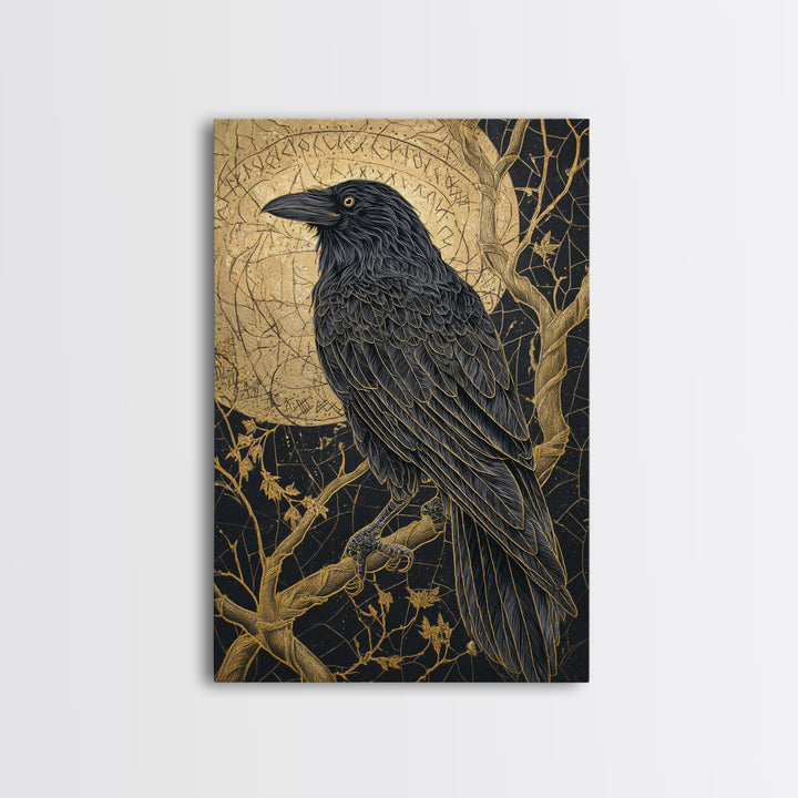Odin’s Raven Canvas Gold Art Canvas Art | Norse Mythology Bird Symbol Wall Decor for Office or Dad Gift | Set in Real Wood Frame