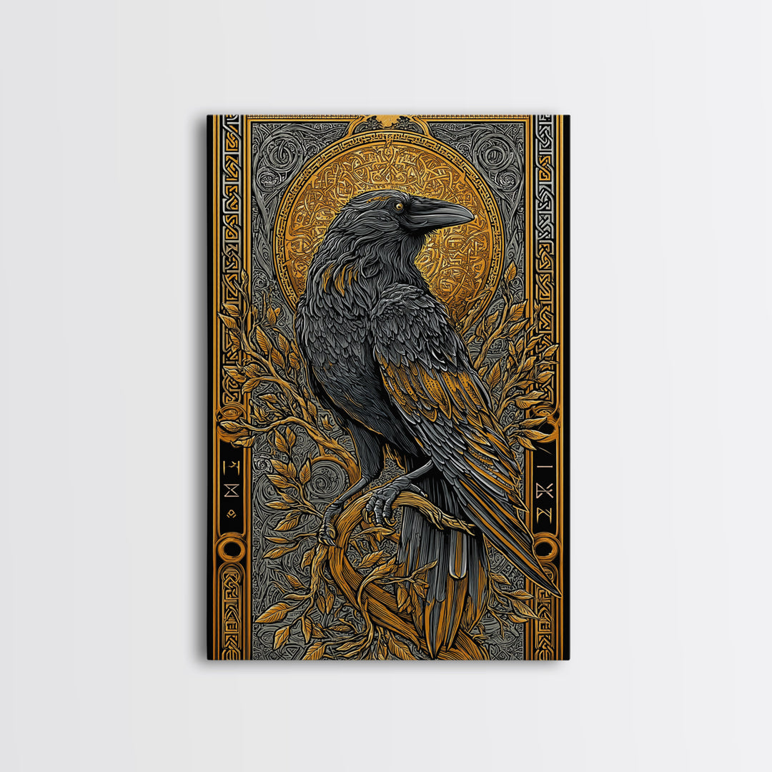 Hugin Raven Canvas Gold Art Canvas Art | Viking Odin Symbol Norse Mythology Decor | Man Cave Wall Art | Framed in Solid Wood