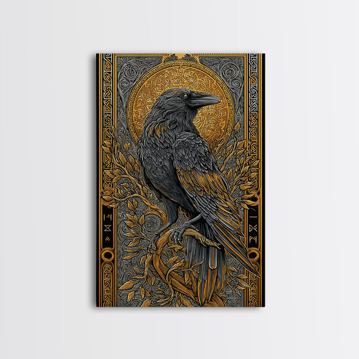 Hugin Raven Canvas Gold Art Canvas Art | Viking Odin Symbol Norse Mythology Decor | Man Cave Wall Art | Framed in Solid Wood