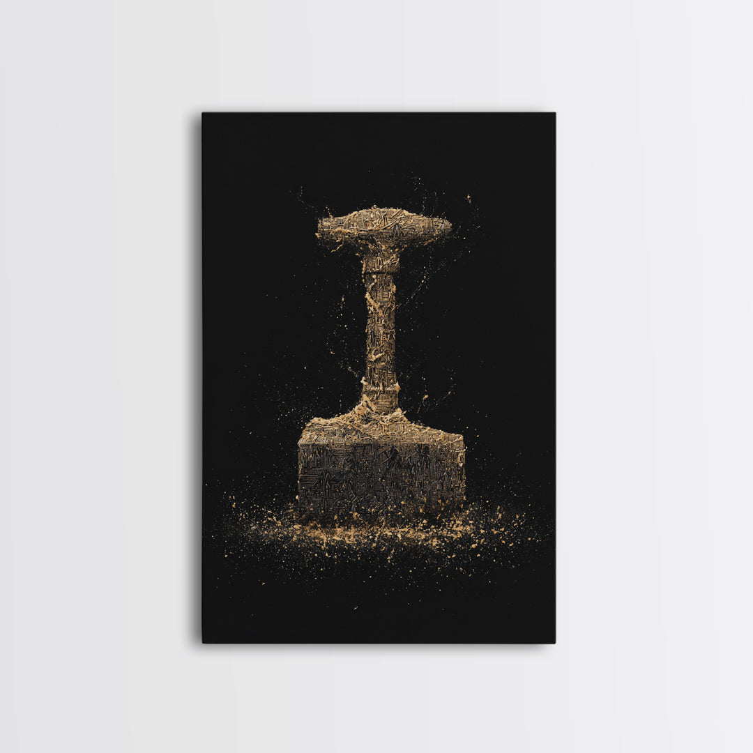Thor’s Hammer Canvas Gold Art Canvas Art | Norse Mythology Mjölnir Wall Decor Pagan Viking Symbol | Mounted with Real Wood Frame