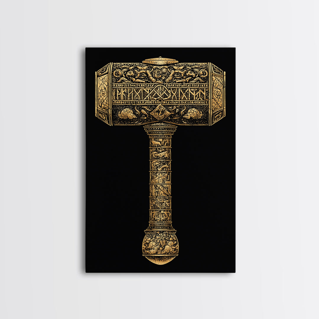Viking Mjölnir Hammer Canvas Gold Art Canvas Art | Nordic Mythology Pagan Symbol Wall Art Dad Gift | Office Decor in Wood Frame