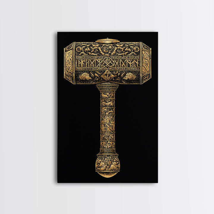 Viking Mjölnir Hammer Canvas Gold Art Canvas Art | Nordic Mythology Pagan Symbol Wall Art Dad Gift | Office Decor in Wood Frame