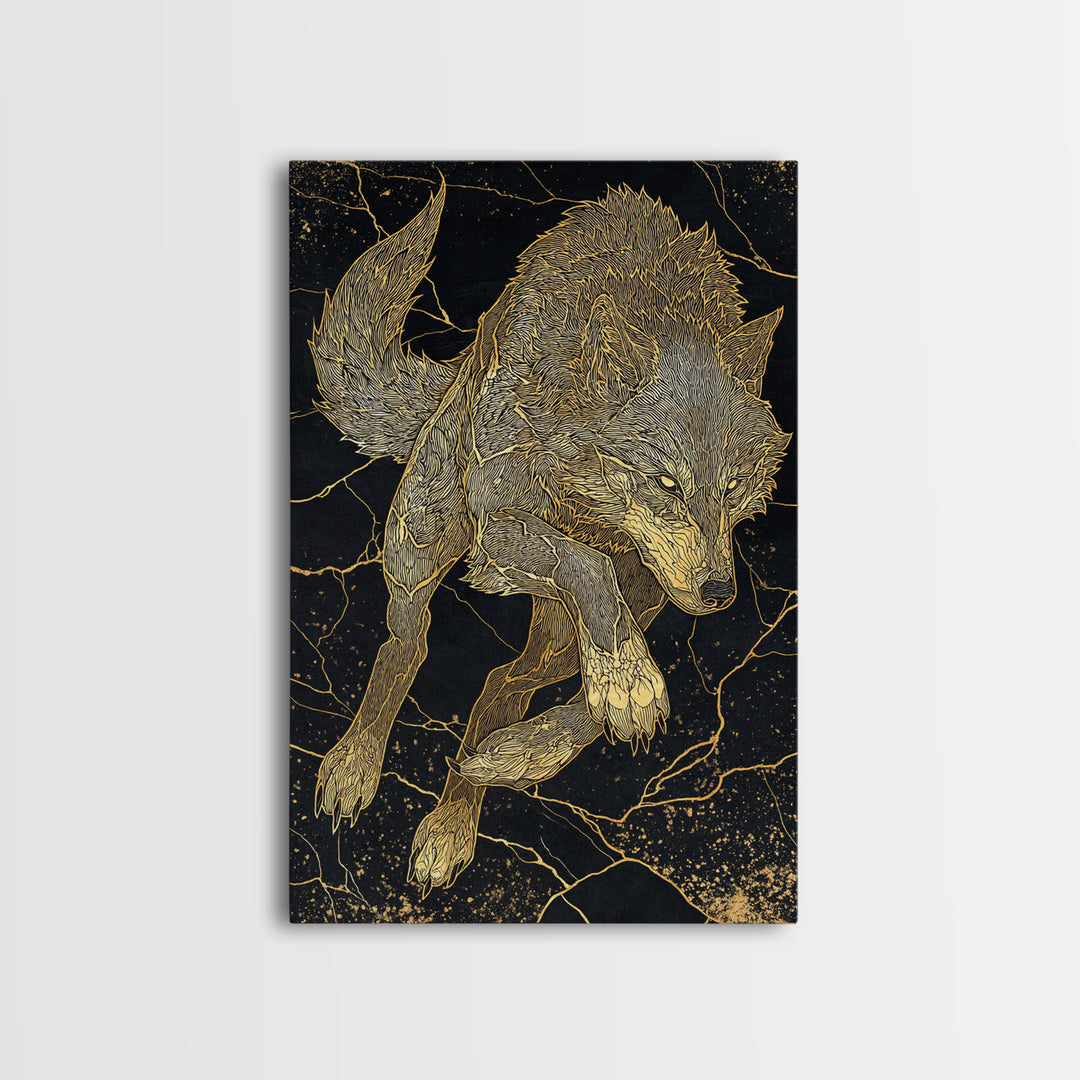 Fenrir Wolf Canvas Gold Art Canvas Art | Norse Mythology Beast Wall Art for Office Decor or Dad Gift | Framed in Real Wood