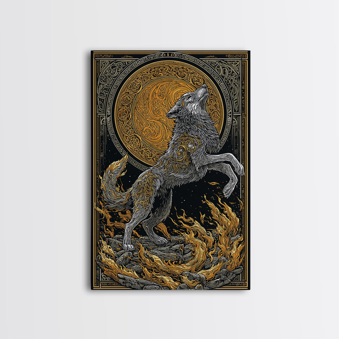 Mythic Wolf Spirit Canvas Gold Art Canvas Art | Norse Viking Wall Art Pagan Symbol Decor for Man Cave | Set with Natural Wood Frame