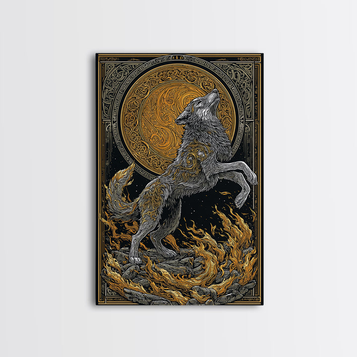 Mythic Wolf Spirit Canvas Gold Art Canvas Art | Norse Viking Wall Art Pagan Symbol Decor for Man Cave | Set with Natural Wood Frame