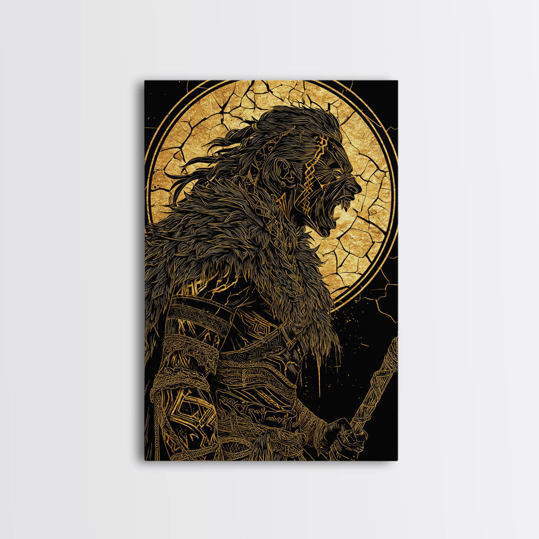 Fierce Viking Berserker Canvas Gold Art Canvas Art | Norse Mythology Warrior Wall Art Dad Gift | Mounted with Real Wood Frame
