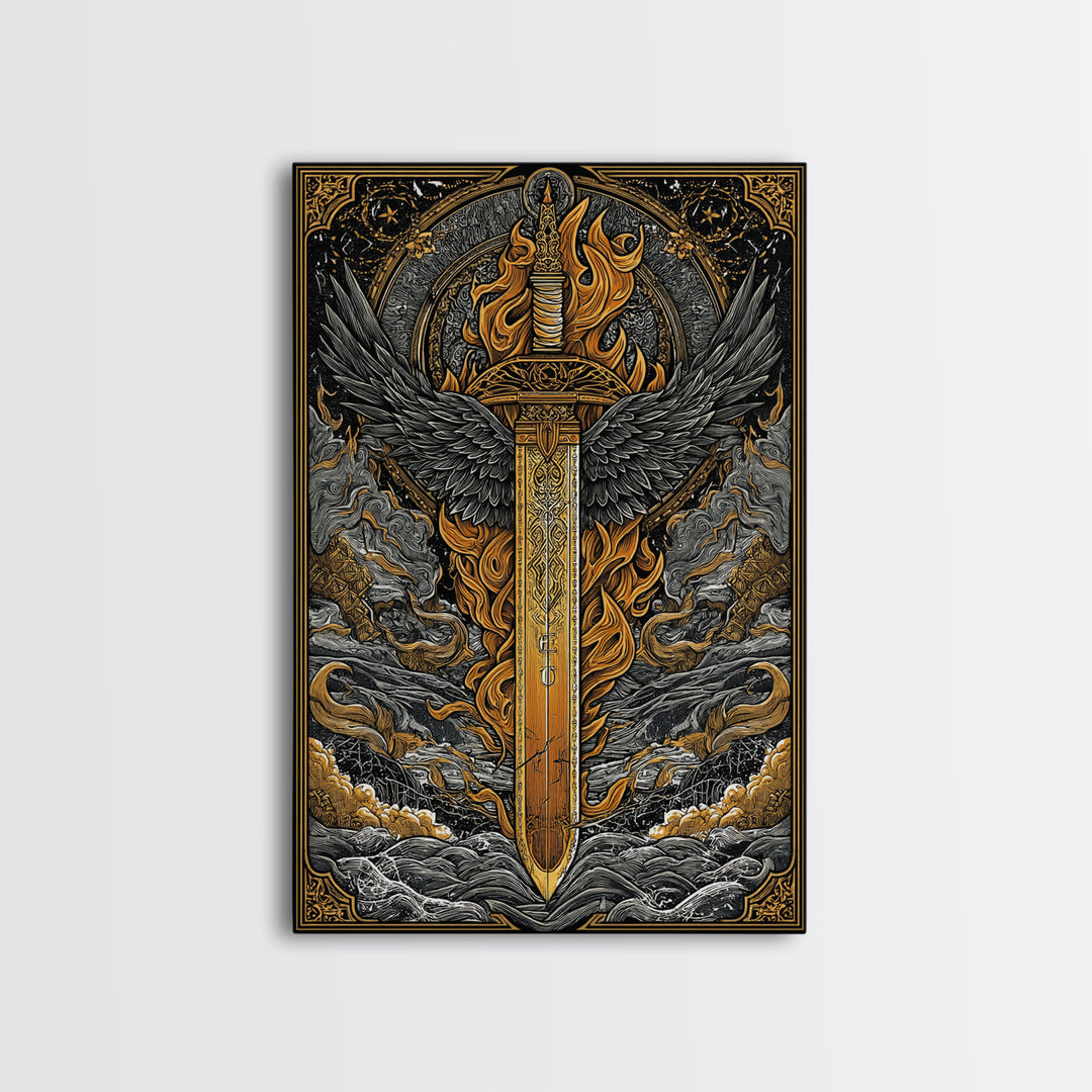 Valkyrie Sword Canvas Gold Art Canvas Art | Norse Mythology Weapon Wall Decor Viking Warrior Art | Mounted in Solid Wood Frame