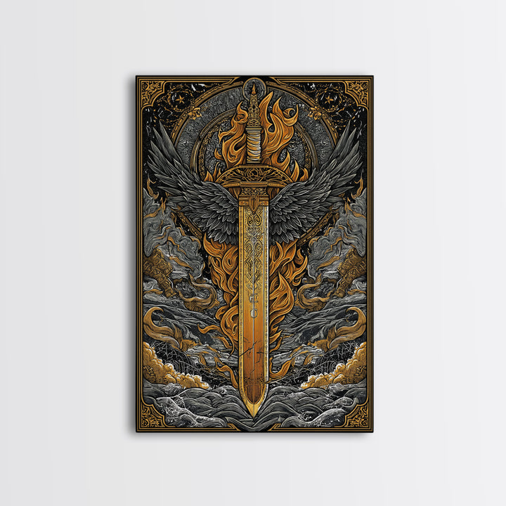 Valkyrie Sword Canvas Gold Art Canvas Art | Norse Mythology Weapon Wall Decor Viking Warrior Art | Mounted in Solid Wood Frame