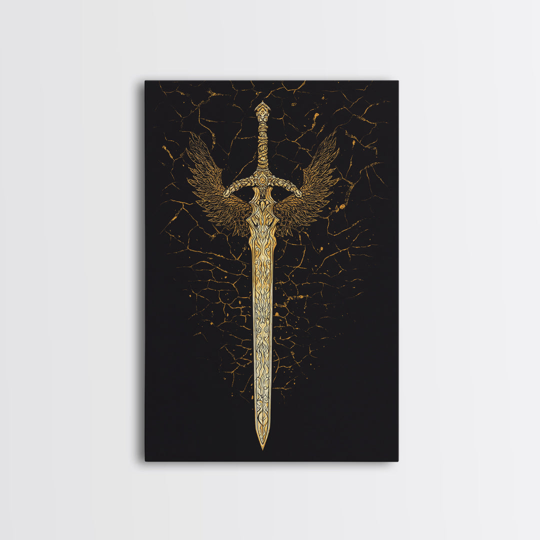 Winged Viking Sword Canvas Gold Art Canvas Art | Norse Mythology Weapon Wall Decor for Man Cave or Office | Framed in Real Wood
