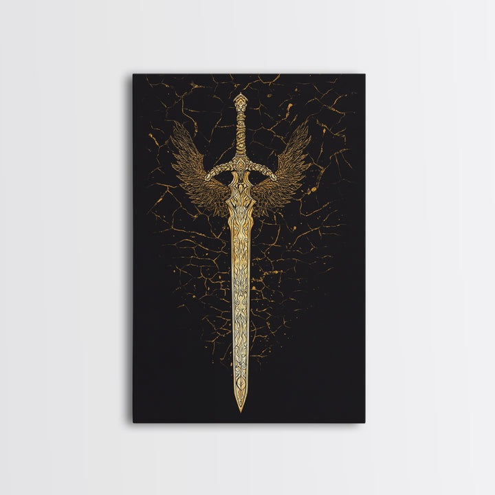 Winged Viking Sword Canvas Gold Art Canvas Art | Norse Mythology Weapon Wall Decor for Man Cave or Office | Framed in Real Wood