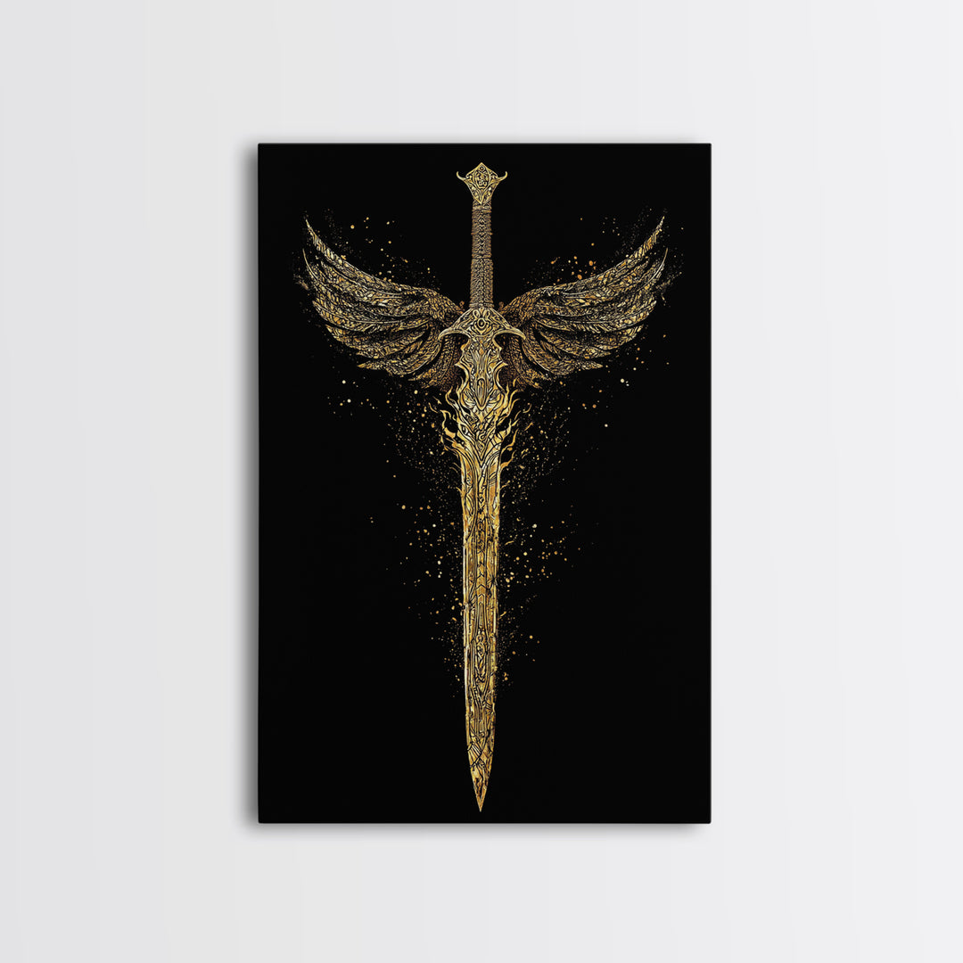 Norse Angelic Sword Canvas Gold Art Canvas Art | Viking Warrior Weapon Wall Art Dad Gift | Mounted with Solid Natural Wood Frame