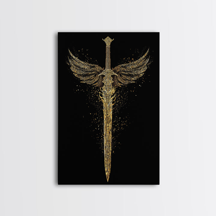 Norse Angelic Sword Canvas Gold Art Canvas Art | Viking Warrior Weapon Wall Art Dad Gift | Mounted with Solid Natural Wood Frame