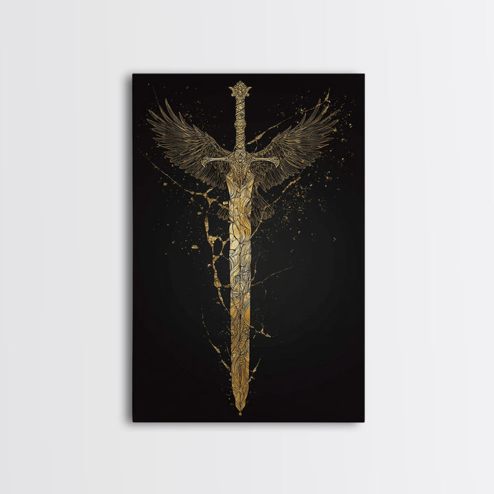 Mythic Sword of Odin Canvas Gold Art Canvas Art | Norse Viking Weapon Wall Decor Pagan Symbol | Office Art in Real Wood Framing