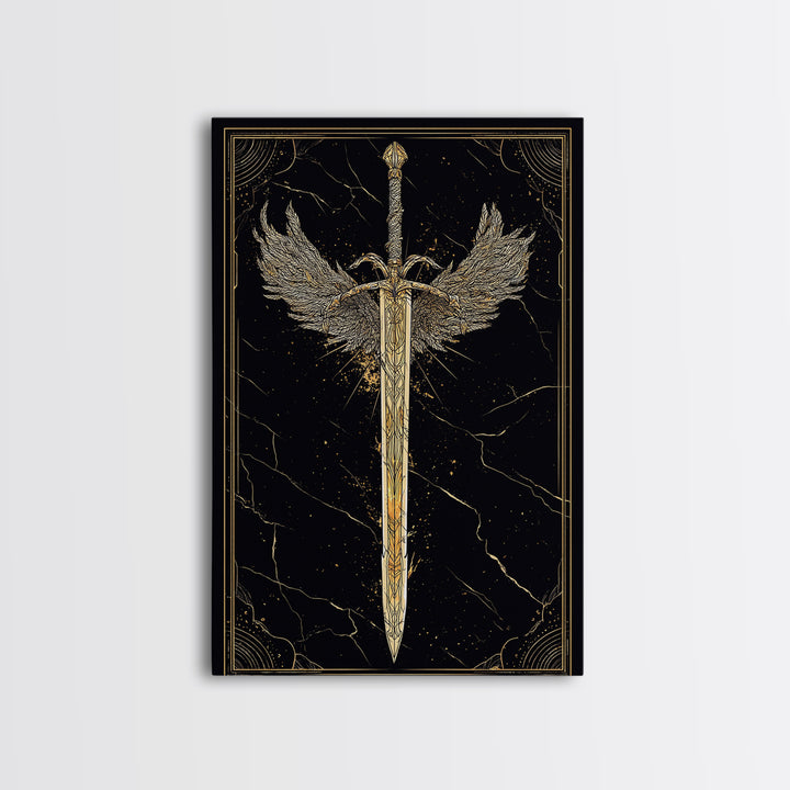 Winged Blade Canvas Gold Art Canvas Art | Norse Mythology Sword Wall Art Pagan Decor Dad Gift | Natural Wood Frame for Office