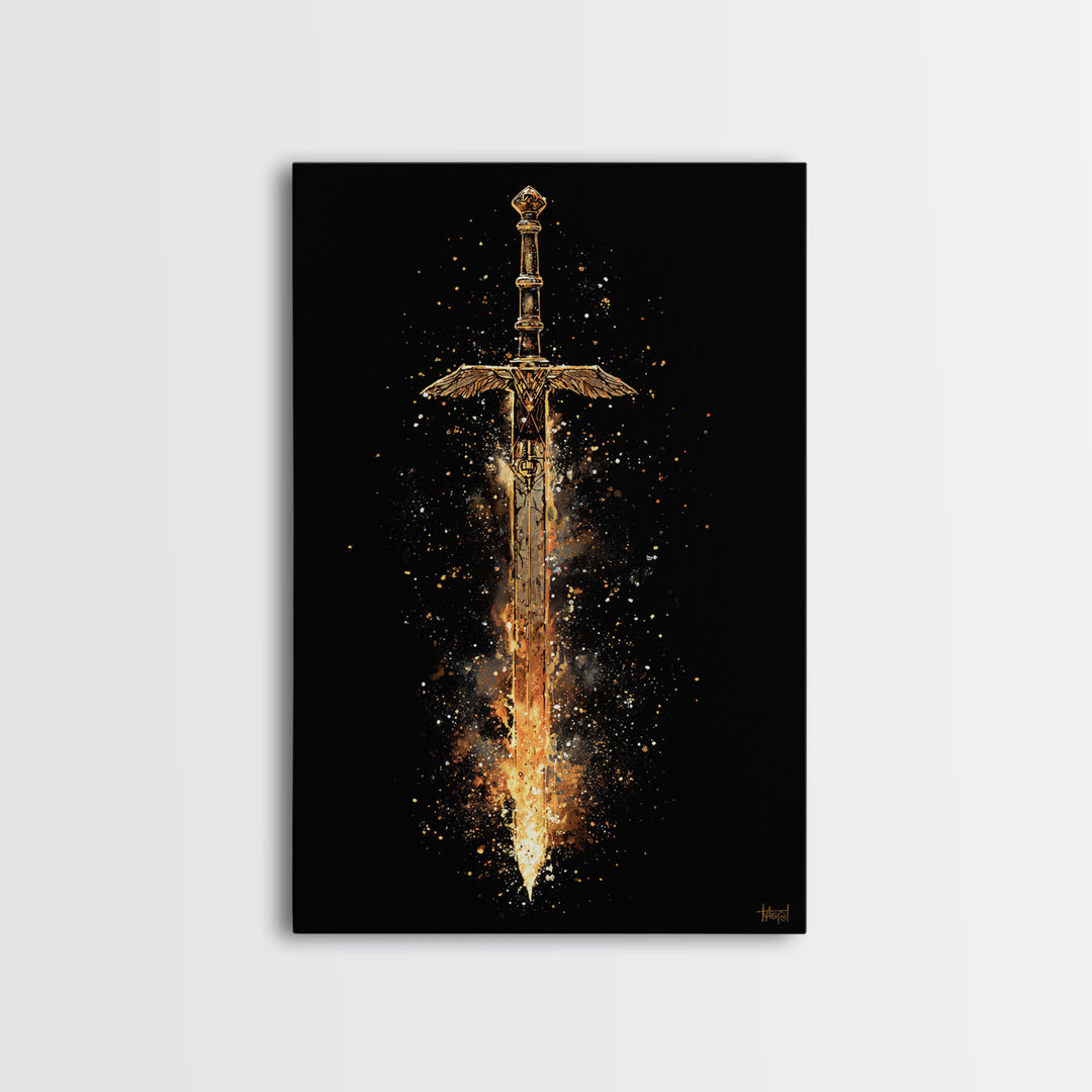 Fiery Sword of the Gods Canvas Gold Art Canvas Art | Viking Weapon Wall Decor Norse Mythology Art | Framed in Authentic Wood