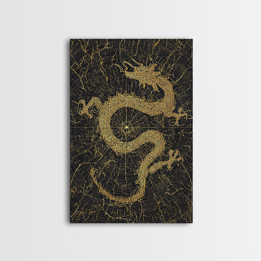 Dragon of Midgard Canvas Gold Art Canvas Art | Norse Mythology Serpent Jormungandr Wall Decor | Office Art with Real Wood Frame