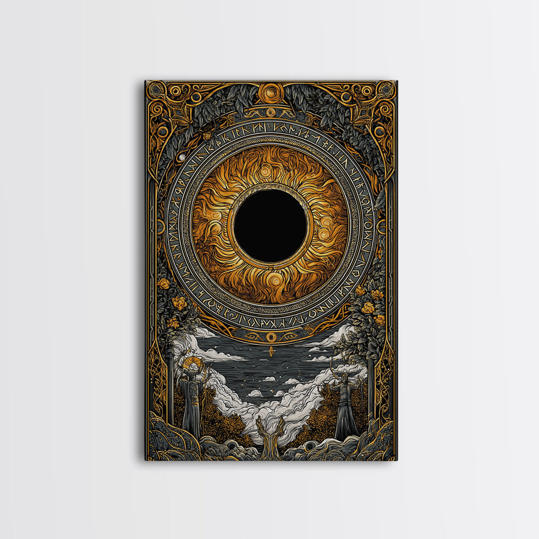 Solar Eclipse Nordic Canvas Gold Art Canvas Art | Viking Pagan Wall Decor Mythology Office Art | Mounted in Solid Natural Wood