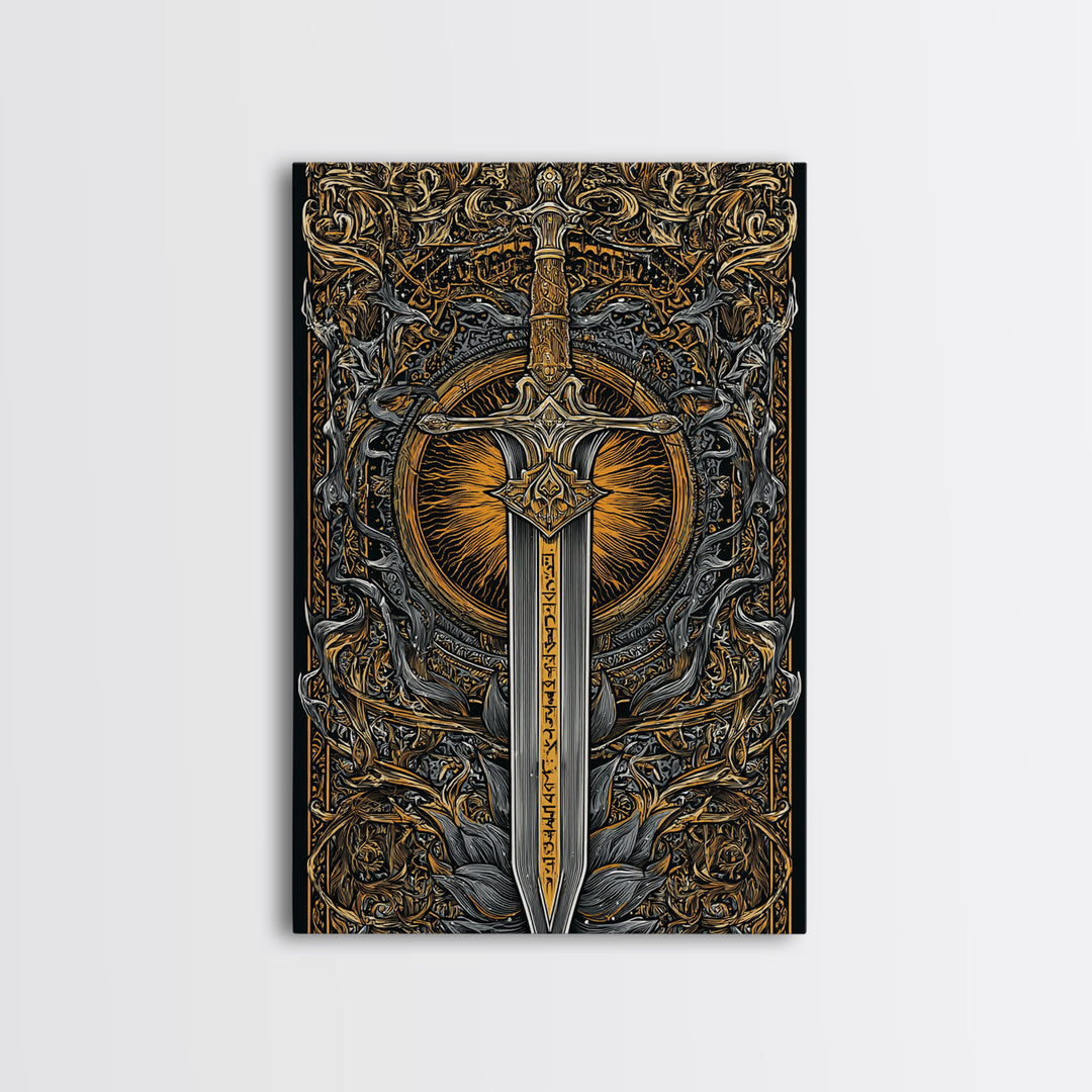 Sword of Asgard Canvas Gold Art Canvas Art | Norse Mythology Warrior Weapon Wall Decor for Dad Gift | Framed with Real Wood