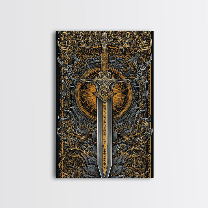 Sword of Asgard Canvas Gold Art Canvas Art | Norse Mythology Warrior Weapon Wall Decor for Dad Gift | Framed with Real Wood