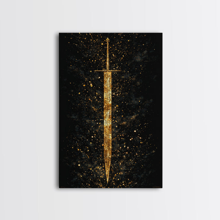 Runic Viking Sword Canvas Gold Art Canvas Art | Norse Mythology Weapon Wall Art Pagan Symbol Decor | Natural Wood Frame Included