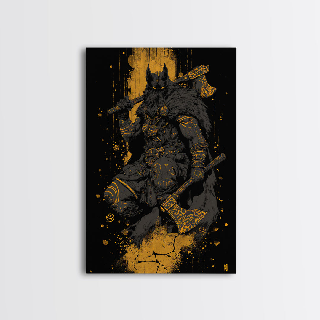 Odin’s Wolf Warrior Canvas Gold Art Canvas Art | Nordic Viking God Wall Decor for Man Cave or Office | Set in Solid Wood Frame