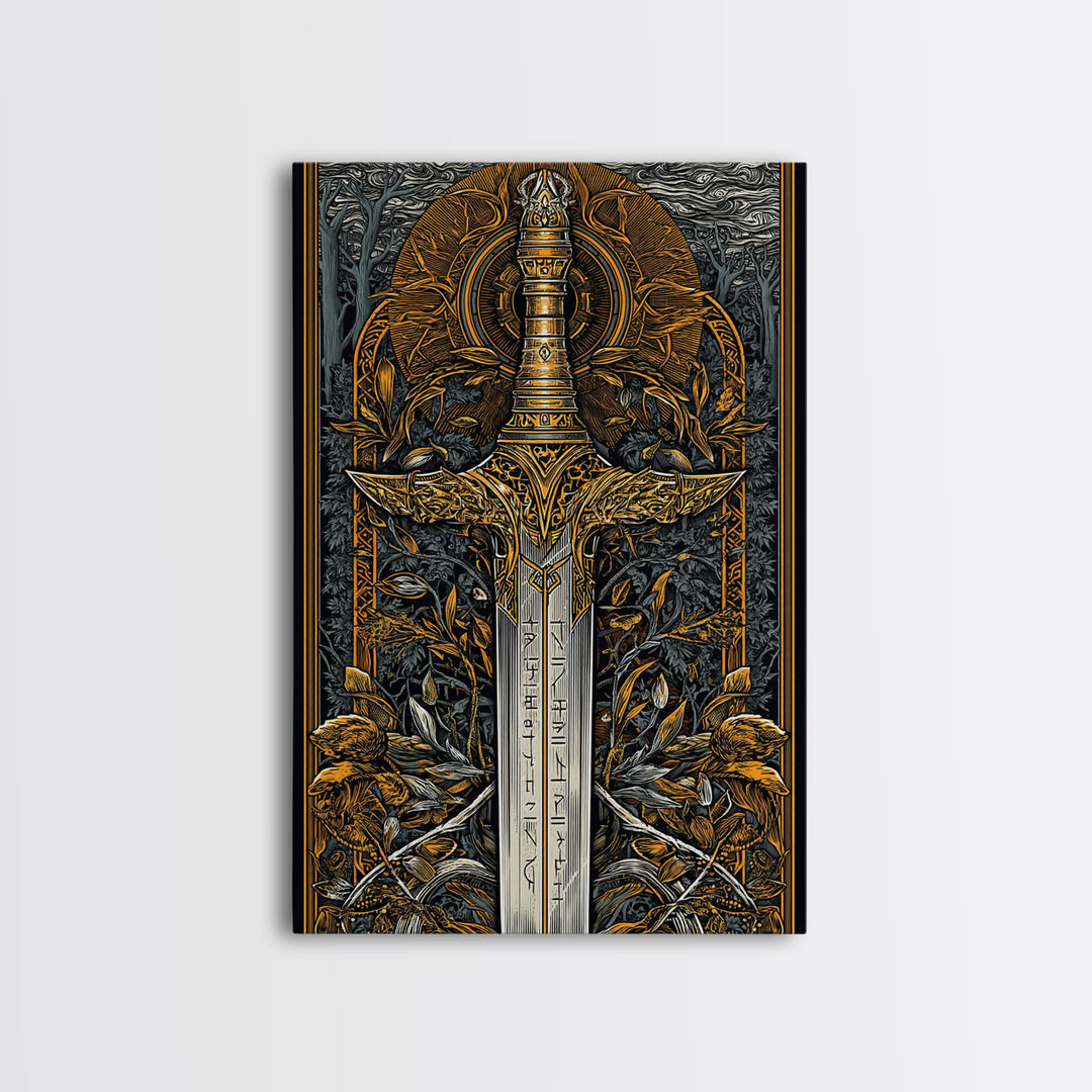 Nordic Forest Sword Canvas Gold Art Canvas Art | Viking Mythology Decor Pagan Warrior Weapon Wall Art | Mounted with Wood Frame
