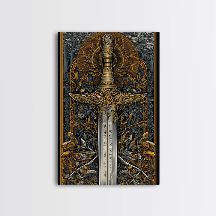 Nordic Forest Sword Canvas Gold Art Canvas Art | Viking Mythology Decor Pagan Warrior Weapon Wall Art | Mounted with Wood Frame