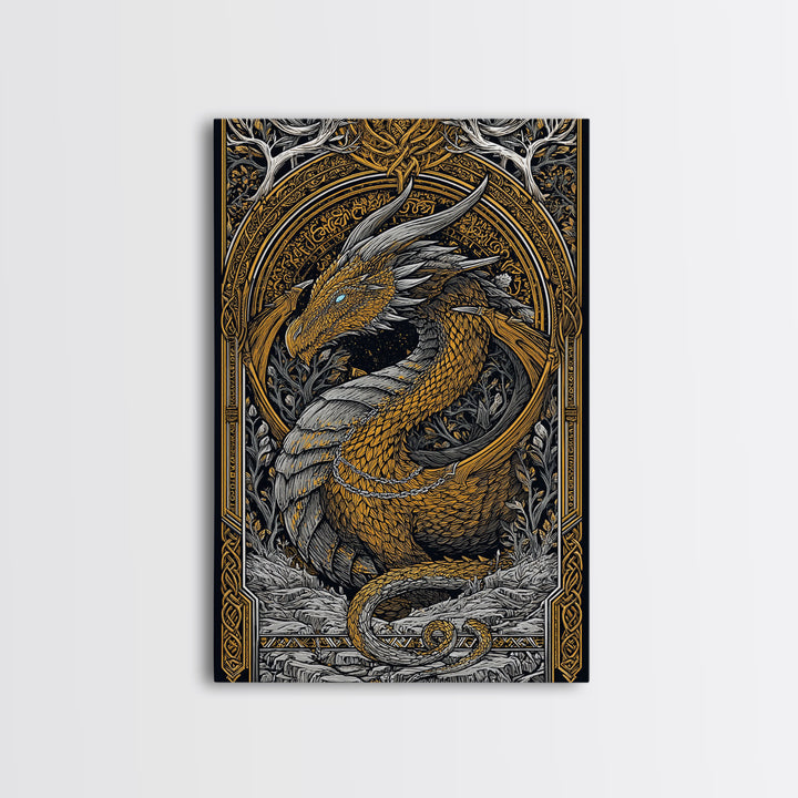 Nordic Dragon Canvas Gold Art Canvas Art | Viking Mythology Wall Decor for Dad Gift or Office Art | With Natural Wood Frame