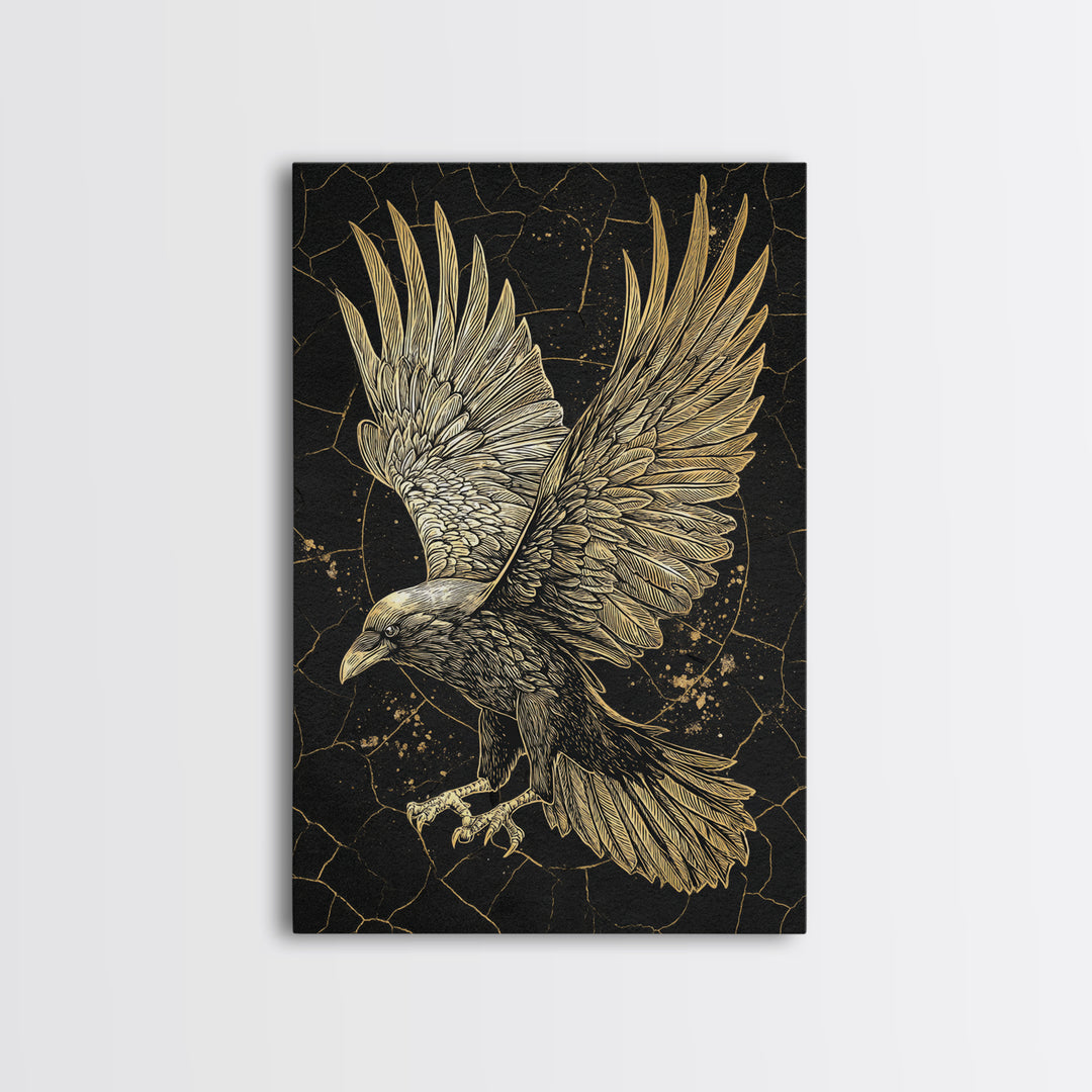 Odin’s Raven Canvas Gold Art Canvas Art | Viking Mythology Wall Decor for Office or Dad Gift | Framed with Solid Wood